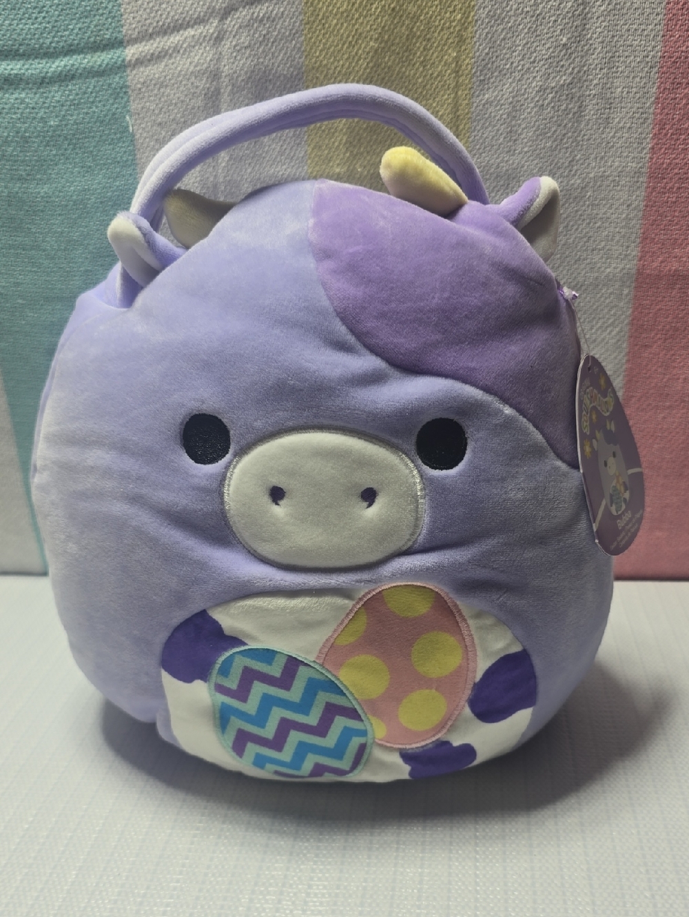 Plush Purple Squishmallow Bubba The Cow Handbag Bag with Pastel Egg Accents